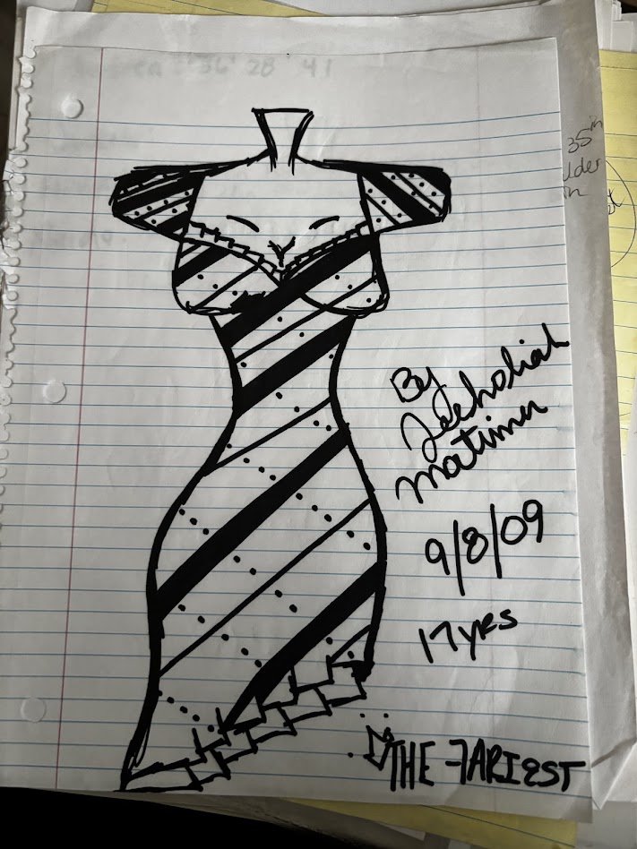 Diagonal-striped fitted gown sketch signed The Fariest