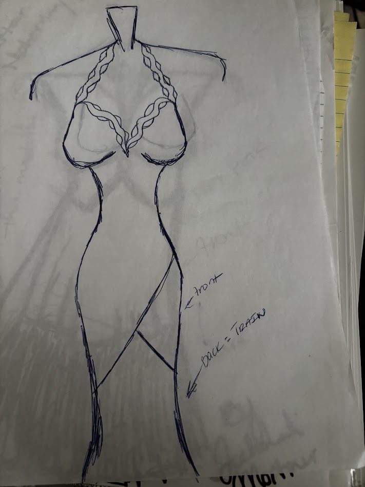 Fitted halter gown sketch with a front panel and a back train